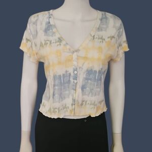 JUST POLLY Pastel Tie Dye Ruffle Button-Up Short Sleeve Crop Top